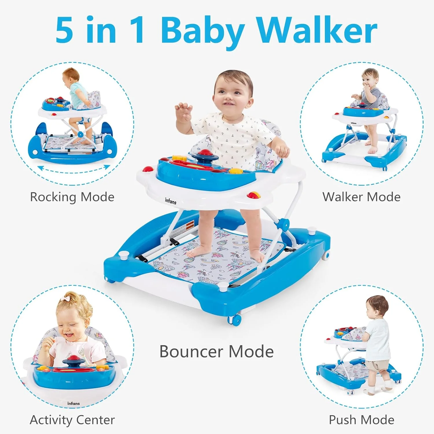 Andadera 5 en 1 ajustable con musica para bebés marca INFANS - Imagen 4